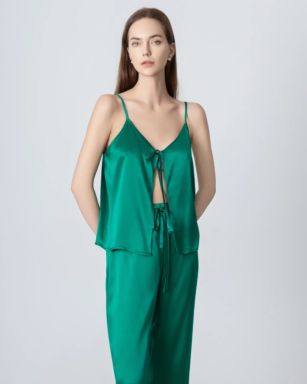 V-neck Camisole Silk Pajama Set Dark Green