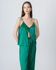 V-neck Camisole Silk Pajama Set Dark Green