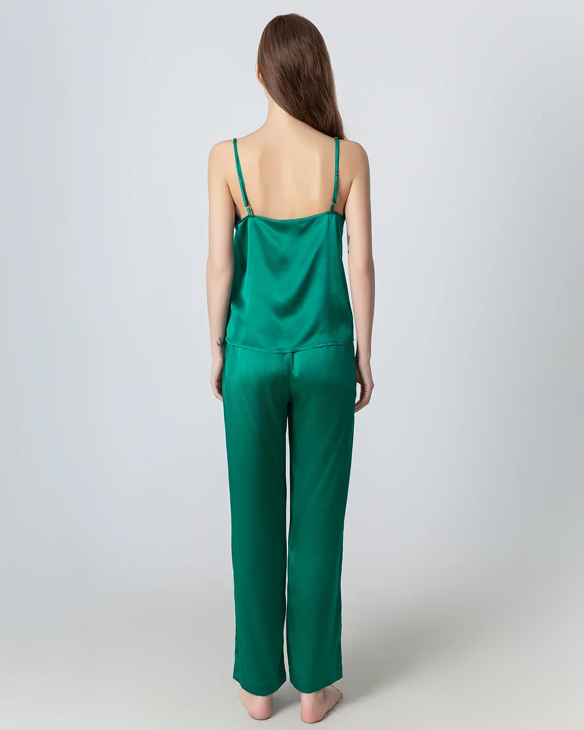 V-neck Camisole Silk Pajama Set Dark Green