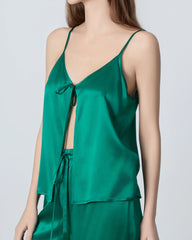 V-neck Camisole Silk Pajama Set Dark Green