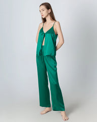 V-neck Camisole Silk Pajama Set Dark Green