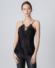 V-neck Crisscross Lace Silk Camisole Black