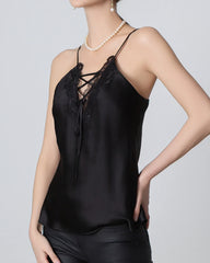 V-neck Crisscross Lace Silk Camisole Black