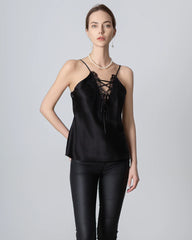 V-neck Crisscross Lace Silk Camisole Black