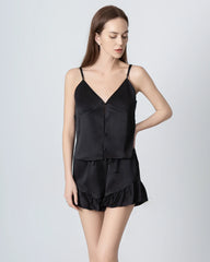 V-neck Front Open Camisole Silk Pajama Set Black