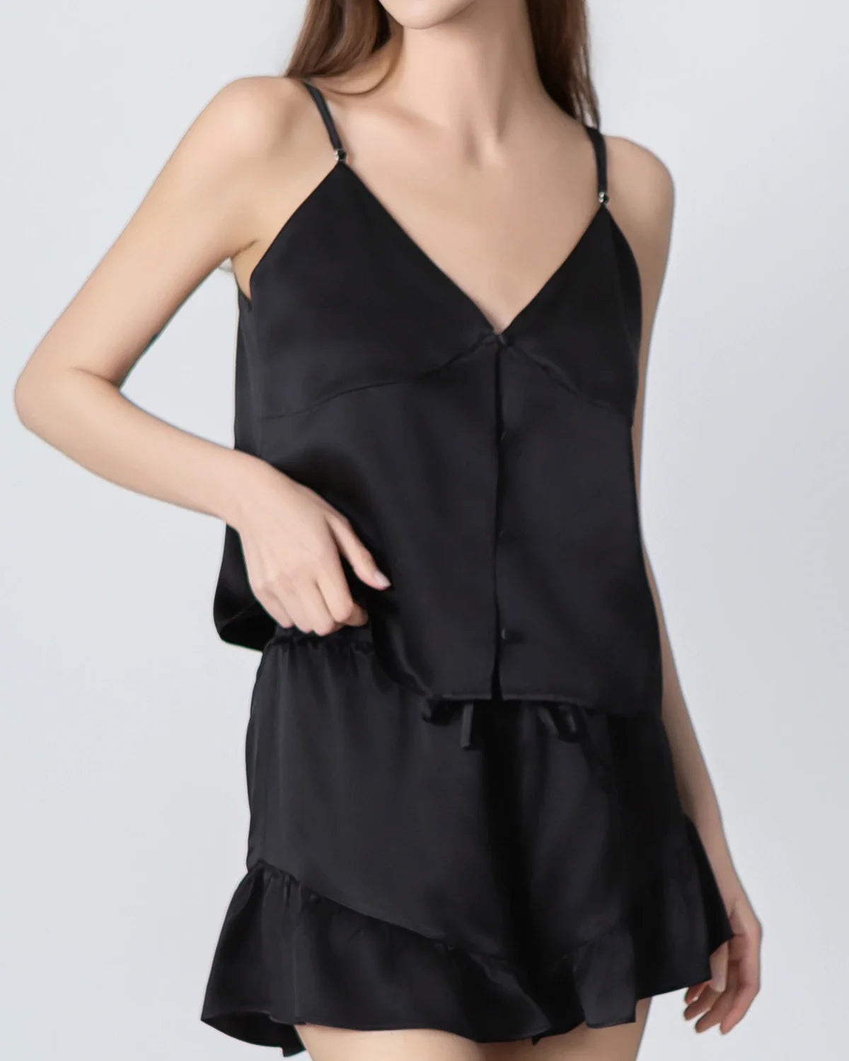 V-neck Front Open Camisole Silk Pajama Set Black