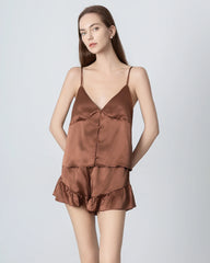 V-neck Front Open Camisole Silk Pajama Set Brown
