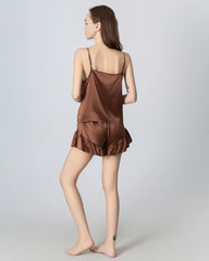 V-neck Front Open Camisole Silk Pajama Set Brown