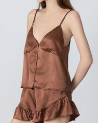 V-neck Front Open Camisole Silk Pajama Set Brown