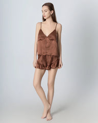 V-neck Front Open Camisole Silk Pajama Set Brown