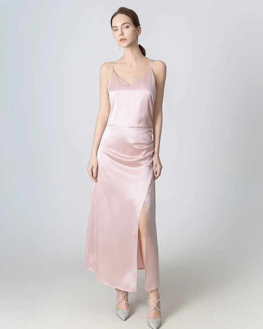 V-neck Pleated Slit Maxi Silk Dress Rose Pink