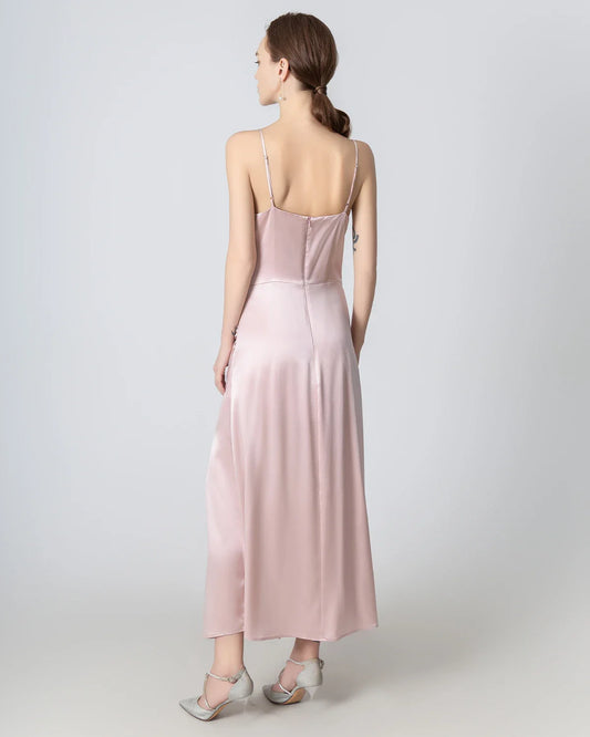 V-neck Pleated Slit Maxi Silk Dress Rose Pink