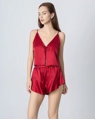 V-neck Short Camisole Silk Pajama Set Burgundy