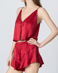 V-neck Short Camisole Silk Pajama Set Burgundy