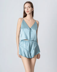 V-neck Short Camisole Silk Pajama Set Haze Blue