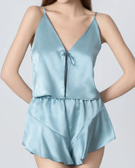 V-neck Short Camisole Silk Pajama Set Haze Blue