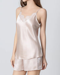 V-neck Short Lace Camisole Silk Pajama Set Pink