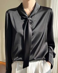 V-neck Tie Front Silk Blouse Black