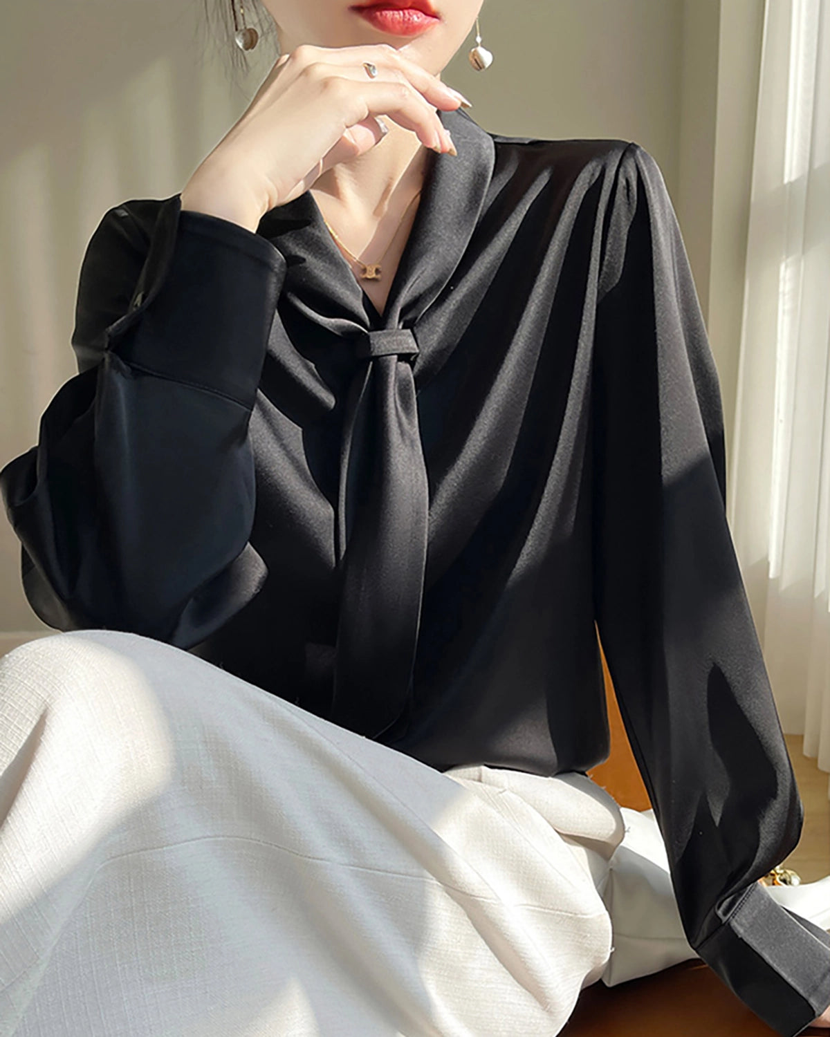 V-neck Tie Front Silk Blouse Black