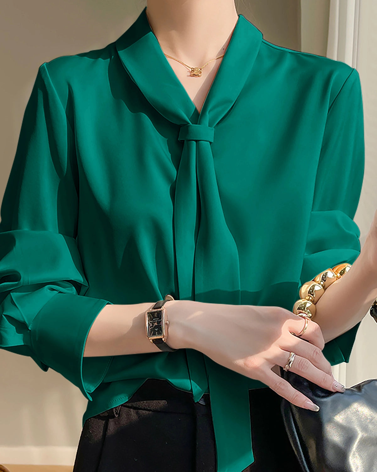 V-neck Tie Front Silk Blouse Dark Green