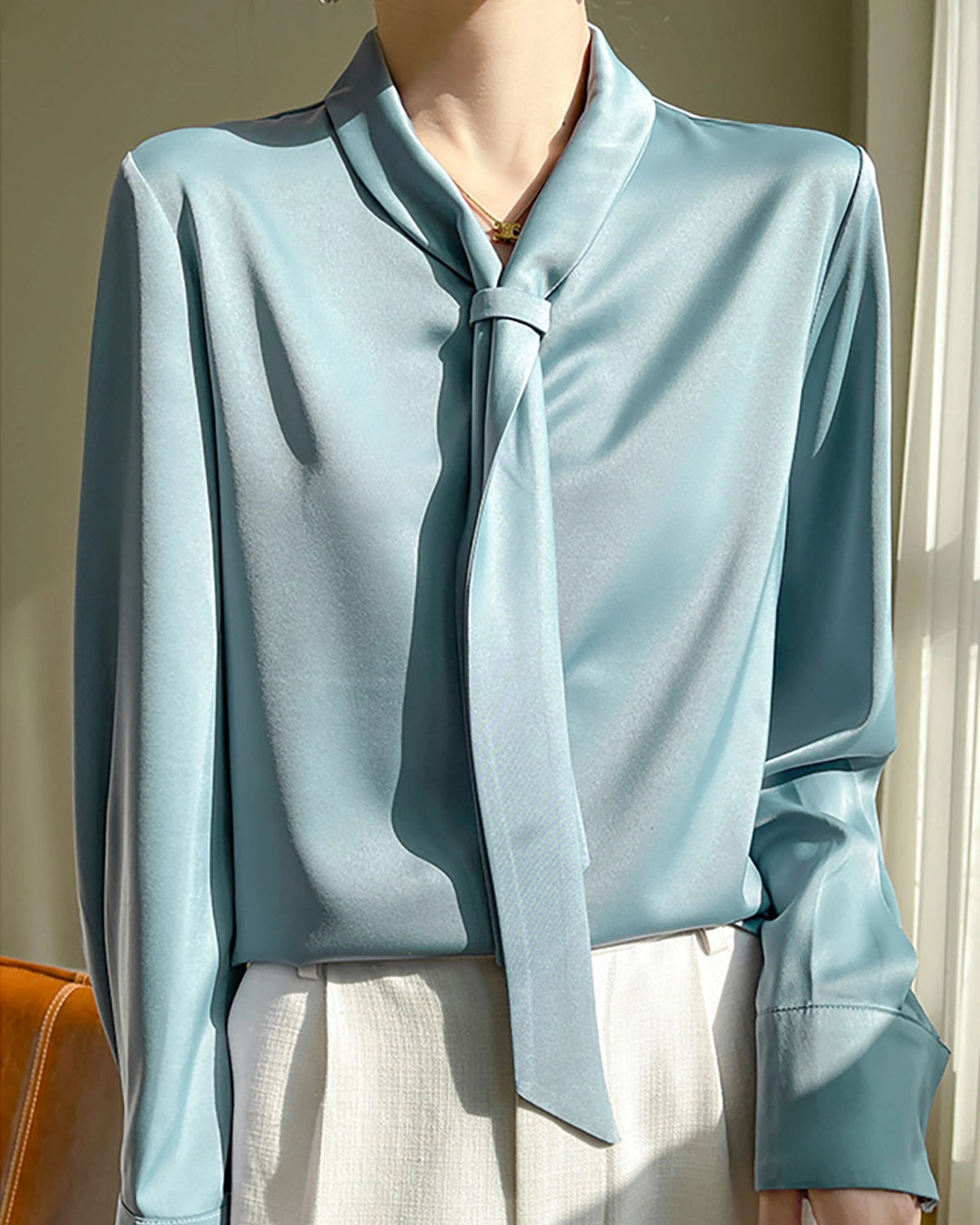 V-neck Tie Front Silk Blouse Haze Blue