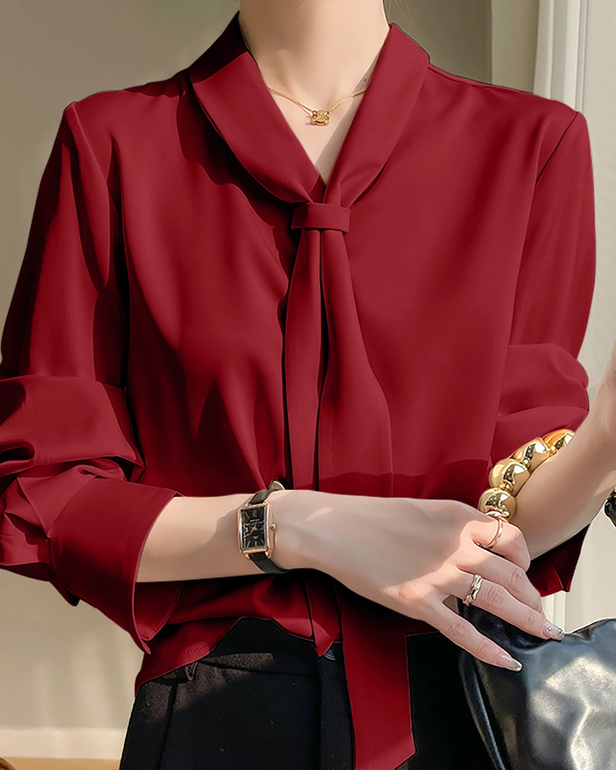 V-neck Tie Front Silk Blouse Burgundy