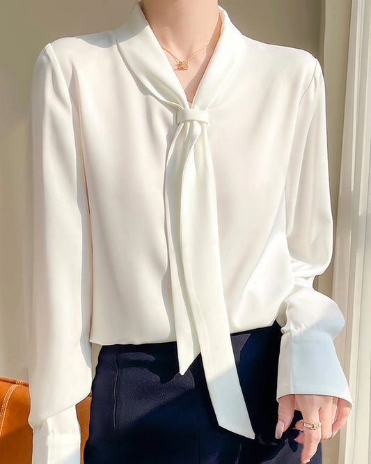V-neck Tie Front Silk Blouse Ivory