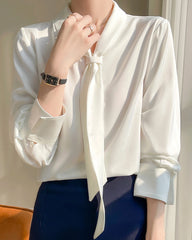 V-neck Tie Front Silk Blouse Ivory