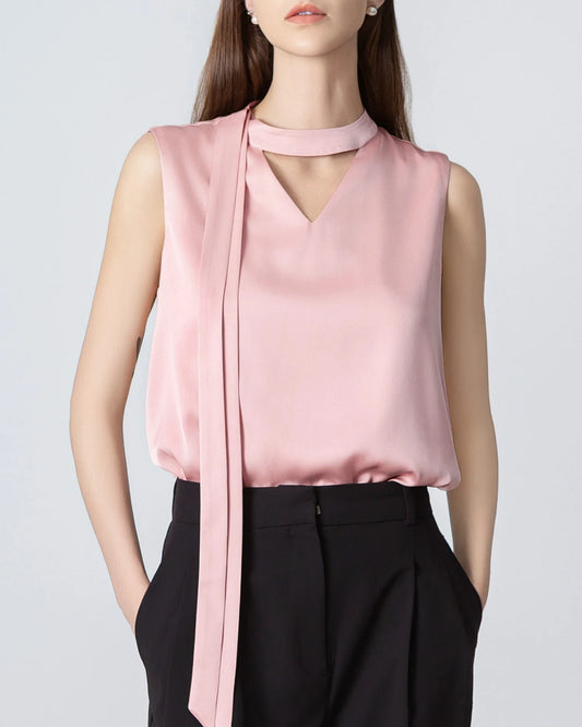 V-neck Tie Front Sleeveless Silk Blouse