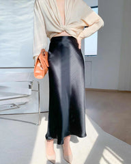 Versatile Silk Midi Skirts with Elastic Waistband