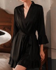 Washable Silk Short Robe with Ruffles