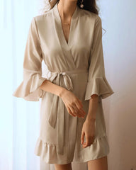 Washable Silk Short Robe with Ruffles