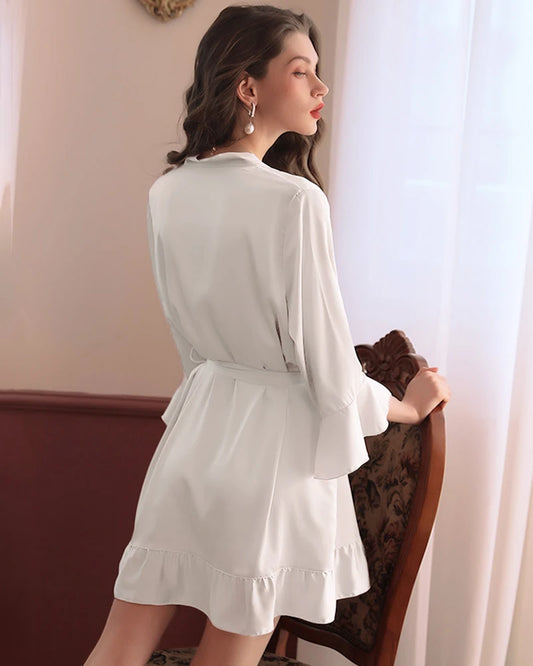 Washable Silk Short Robe with Ruffles