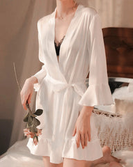 Washable Silk Short Robe with Ruffles