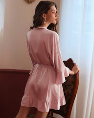 Washable Silk Short Robe with Ruffles