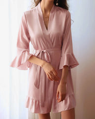 Washable Silk Short Robe with Ruffles