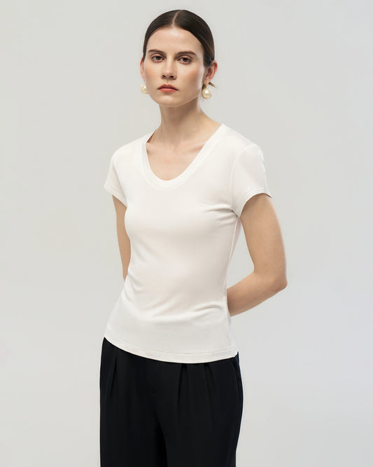 Washable Silk Jersey Scoop Neck Fitted T Shirt
