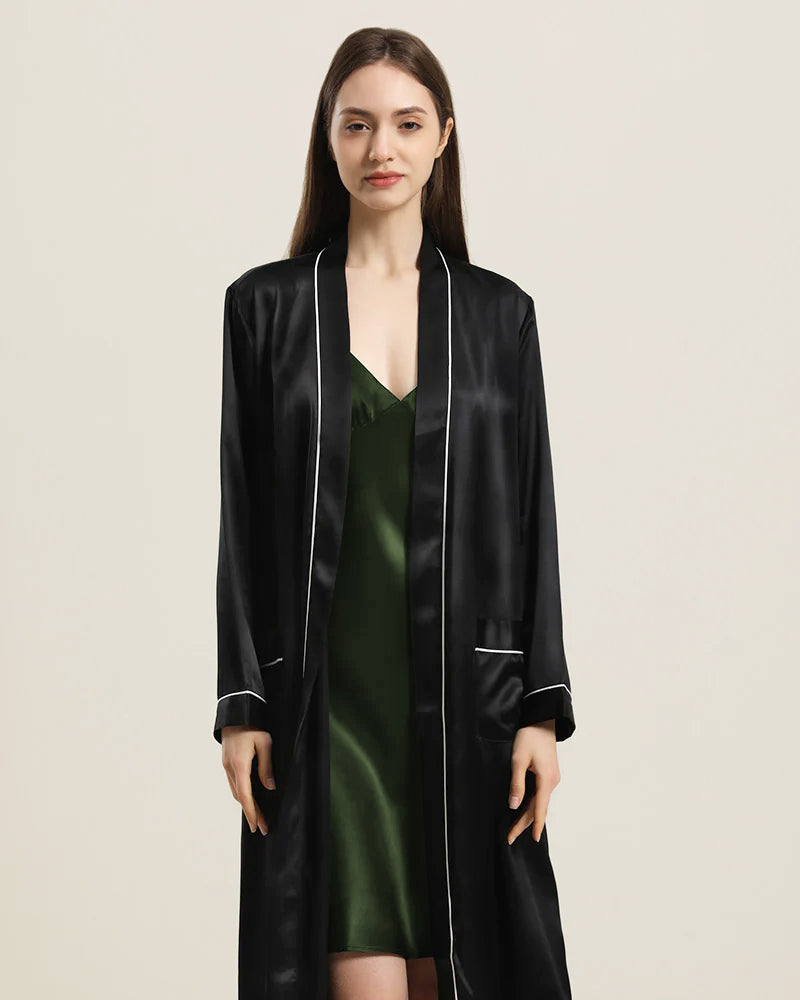 Washable Pure Color Silk Robe For Women Black