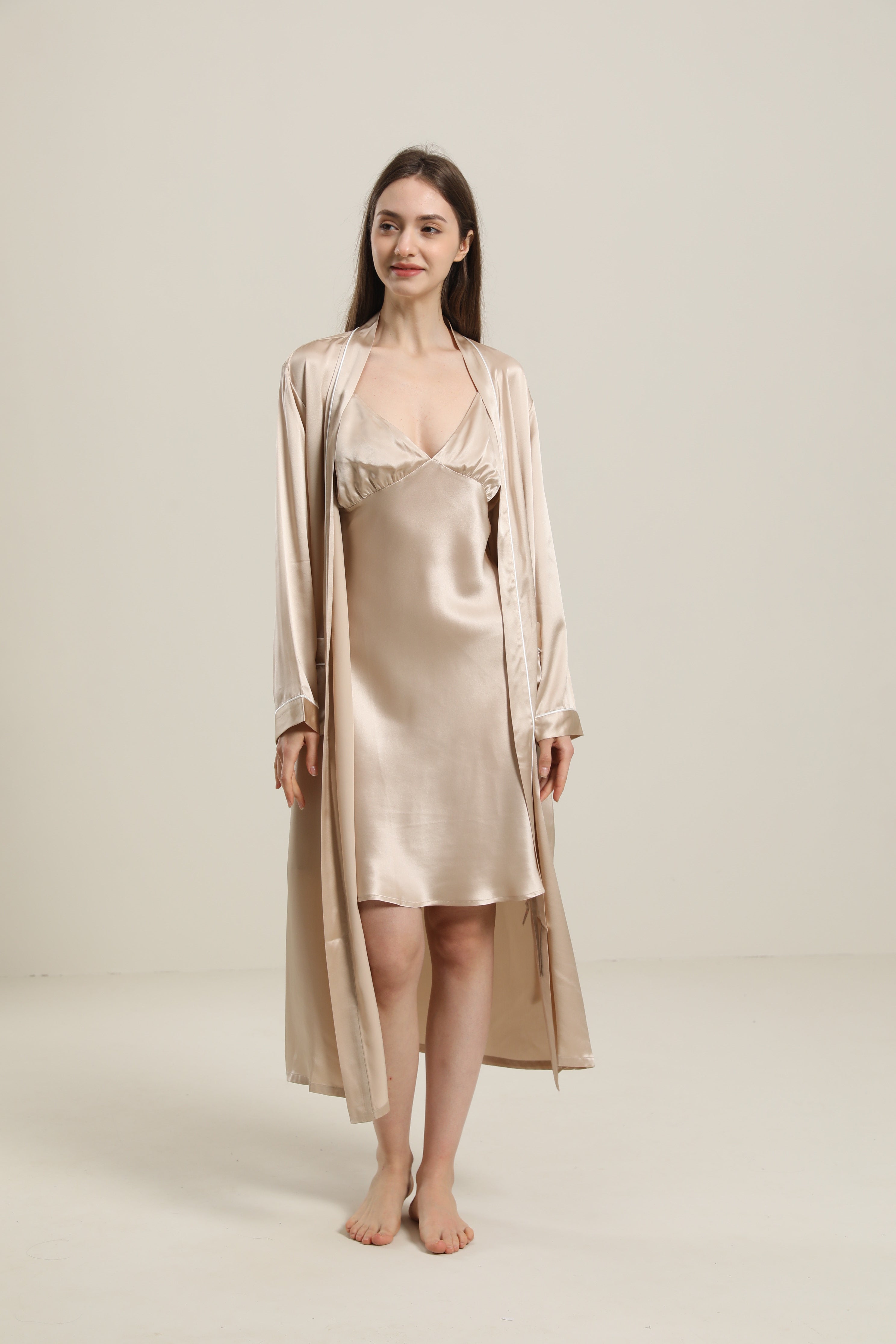 Washable Pure Color Silk Robe For Women Champagne