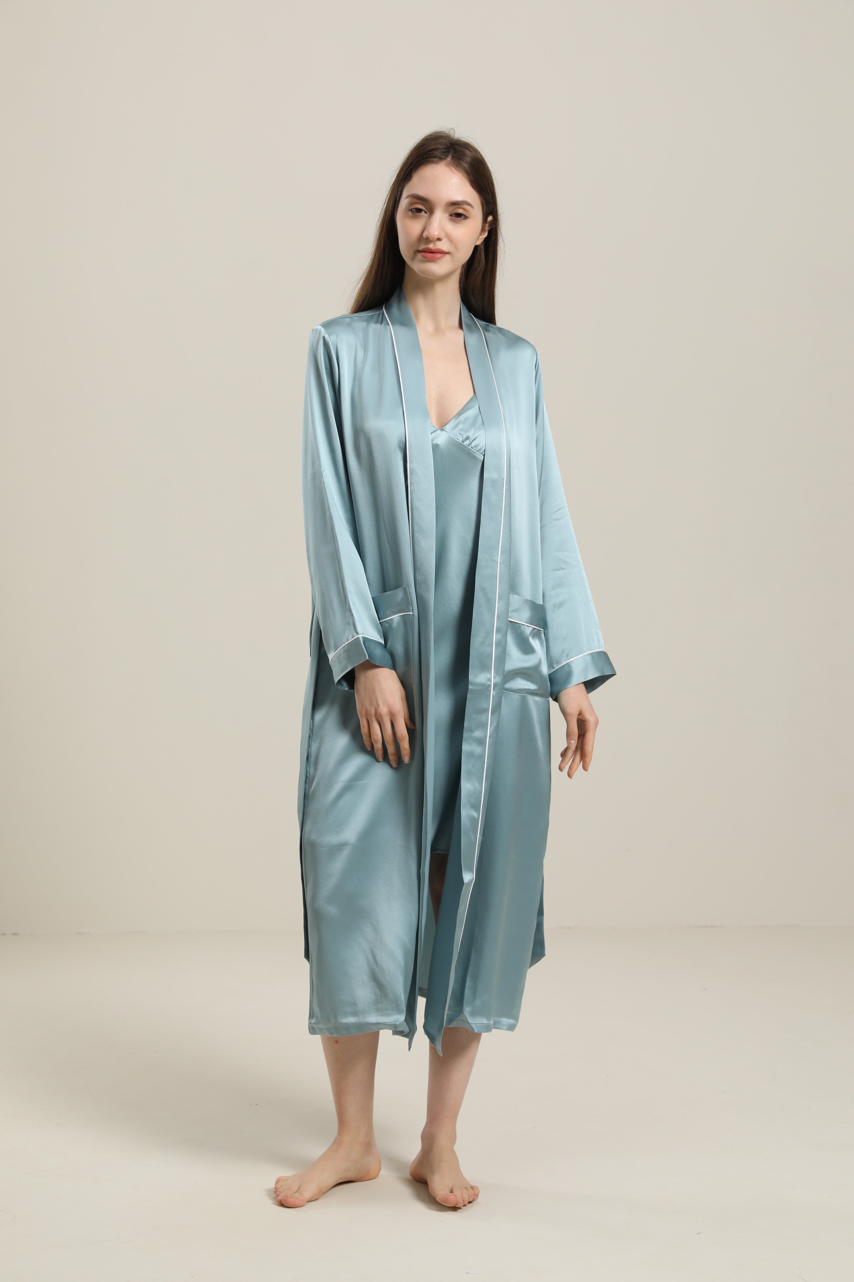 Washable Pure Color Silk Robe For Women Haze Blue