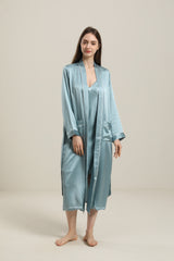 Washable Pure Color Silk Robe For Women Haze Blue