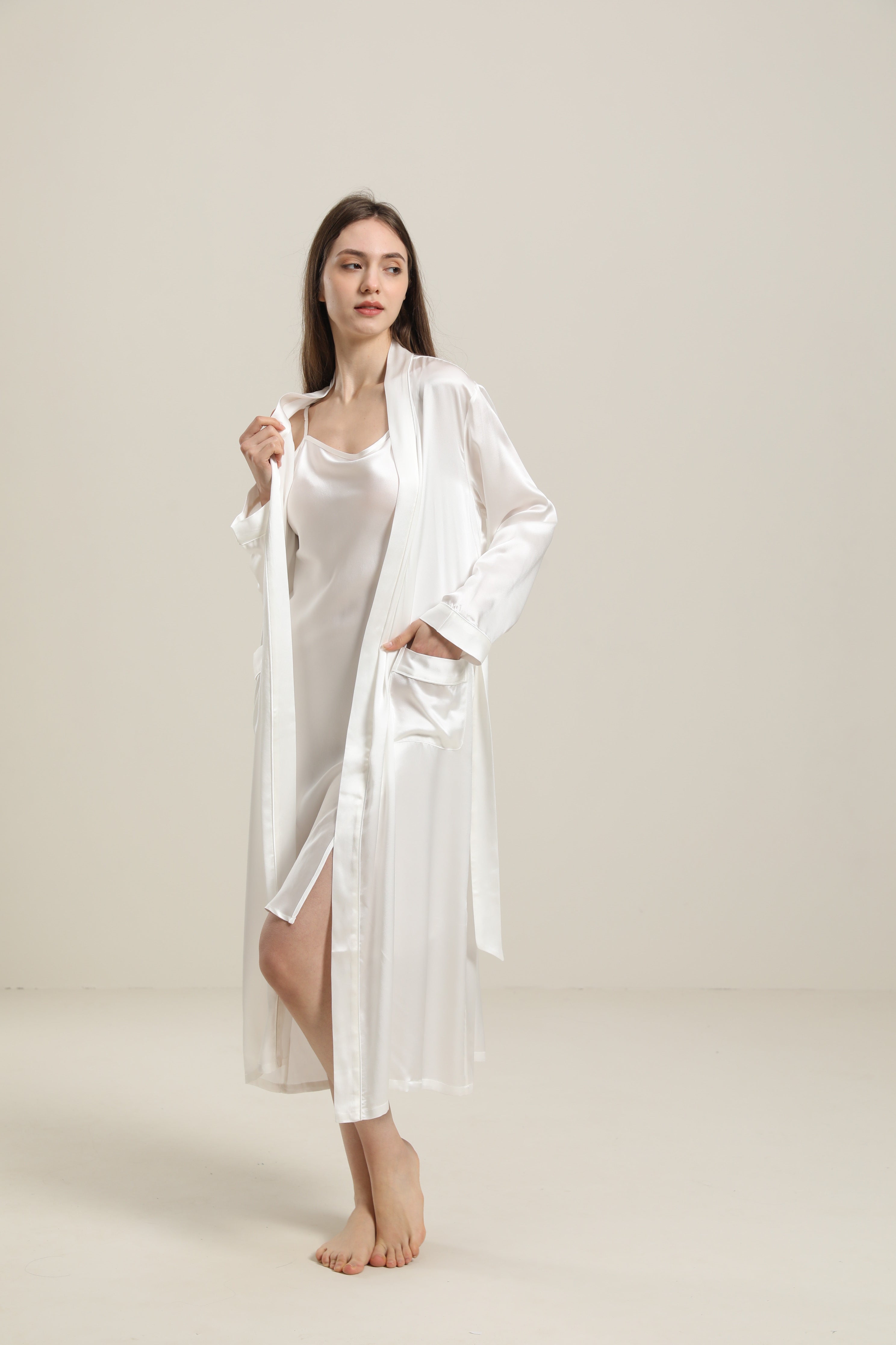 Washable Pure Color Silk Robe For Women Ivory