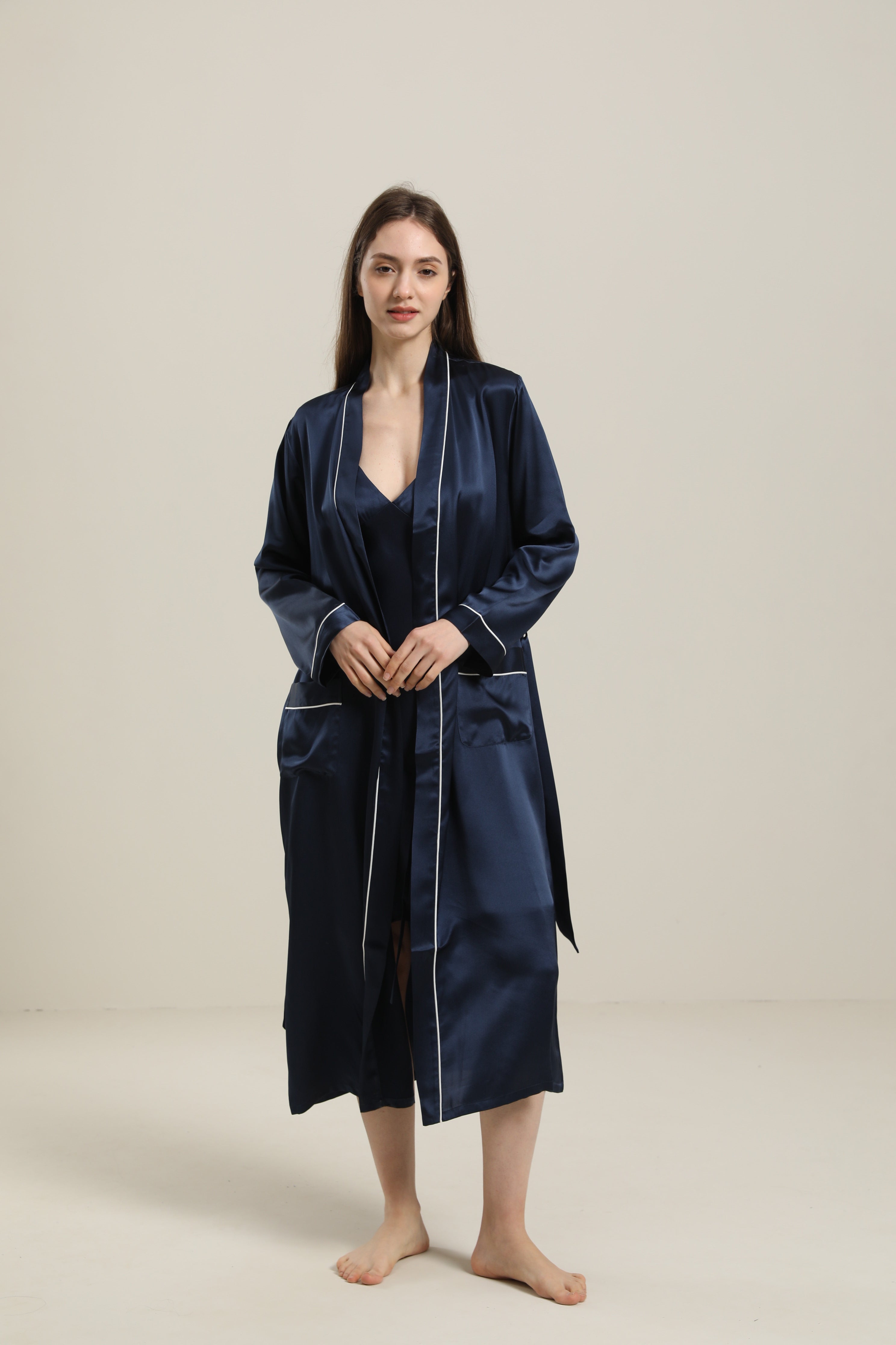 Washable Pure Color Silk Robe For Women Navy