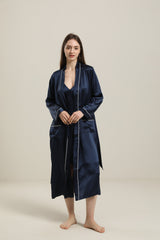 Washable Pure Color Silk Robe For Women Navy