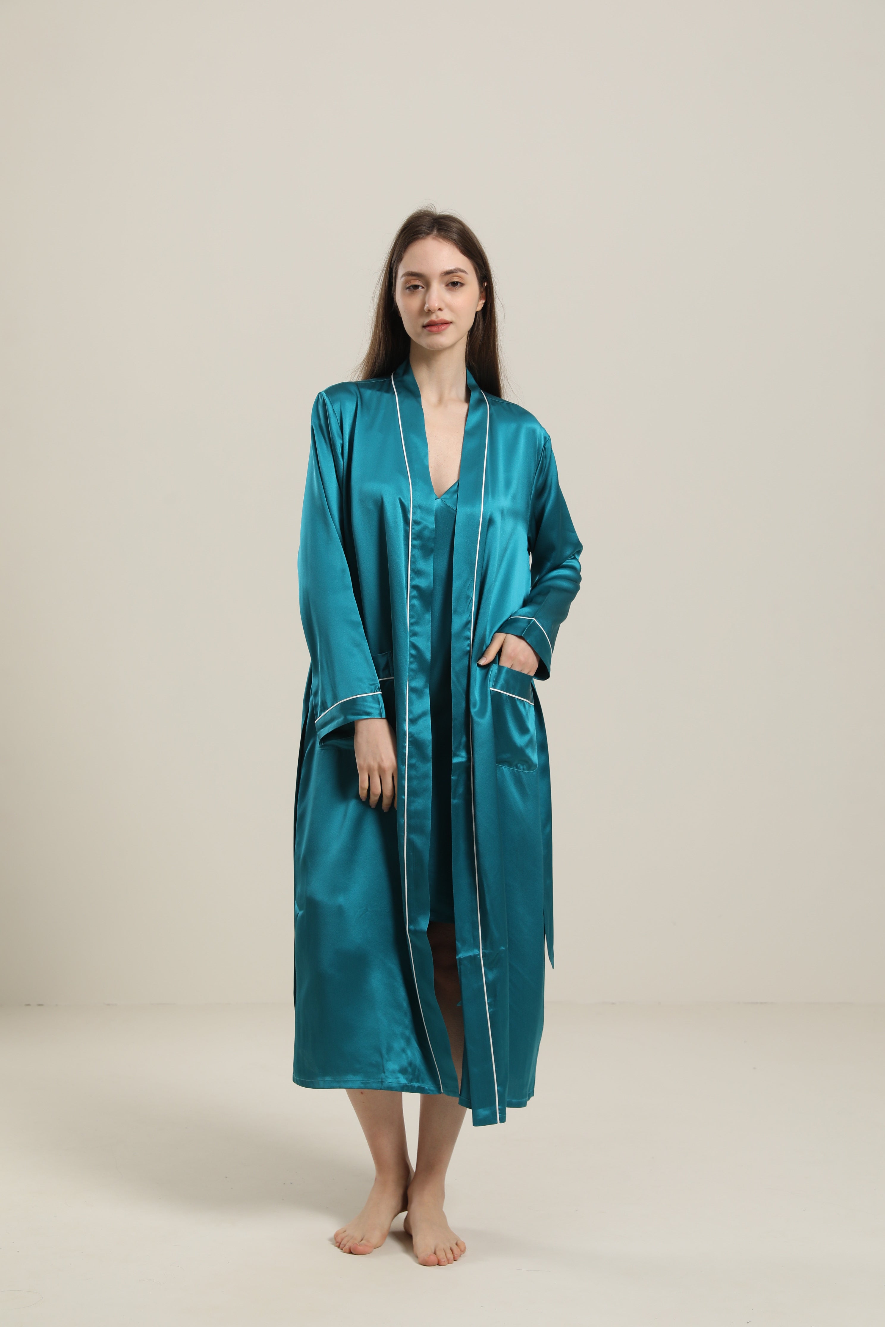 Washable Pure Color Silk Robe For Women Peacock Blue