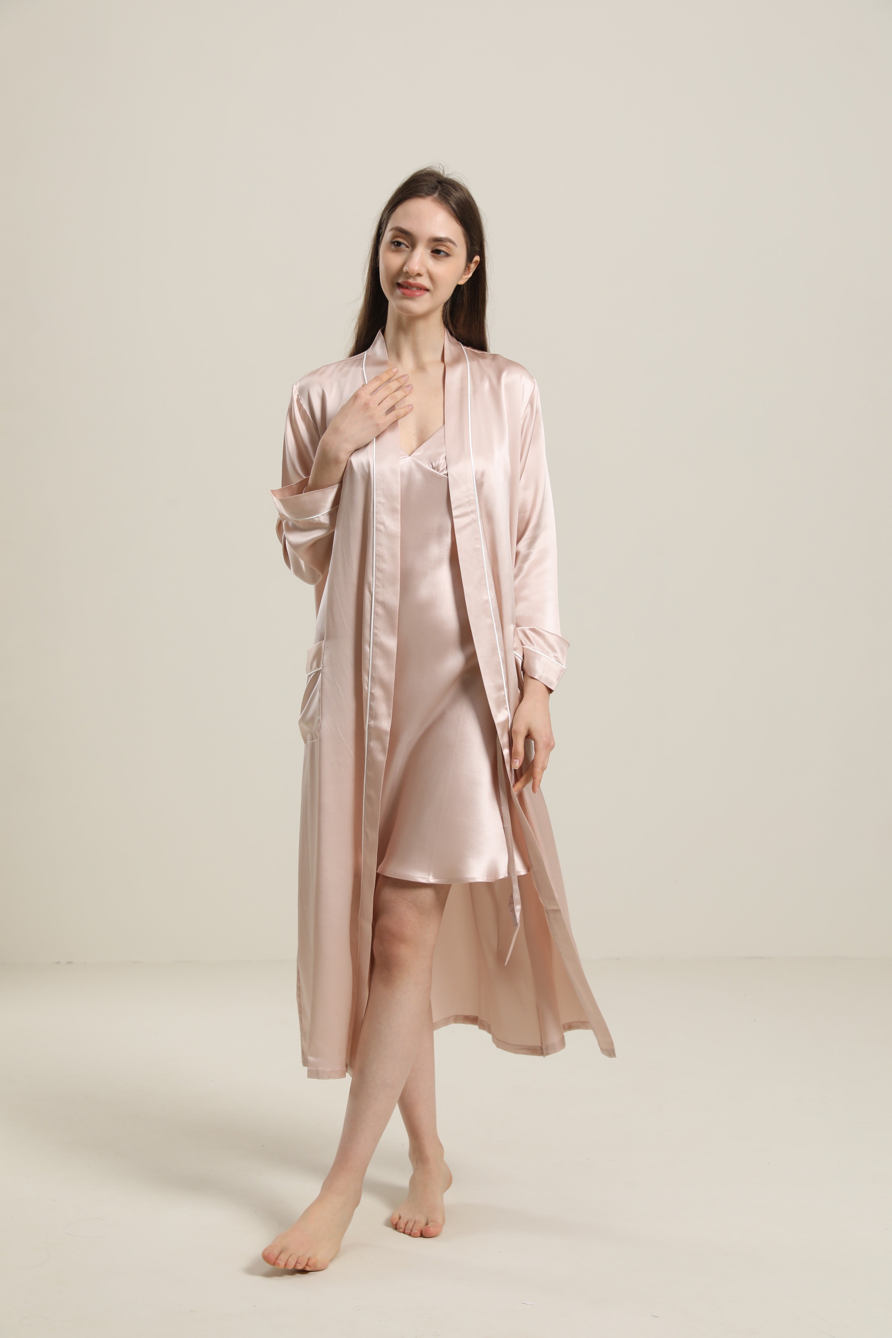 Washable Pure Color Silk Robe For Women Pink