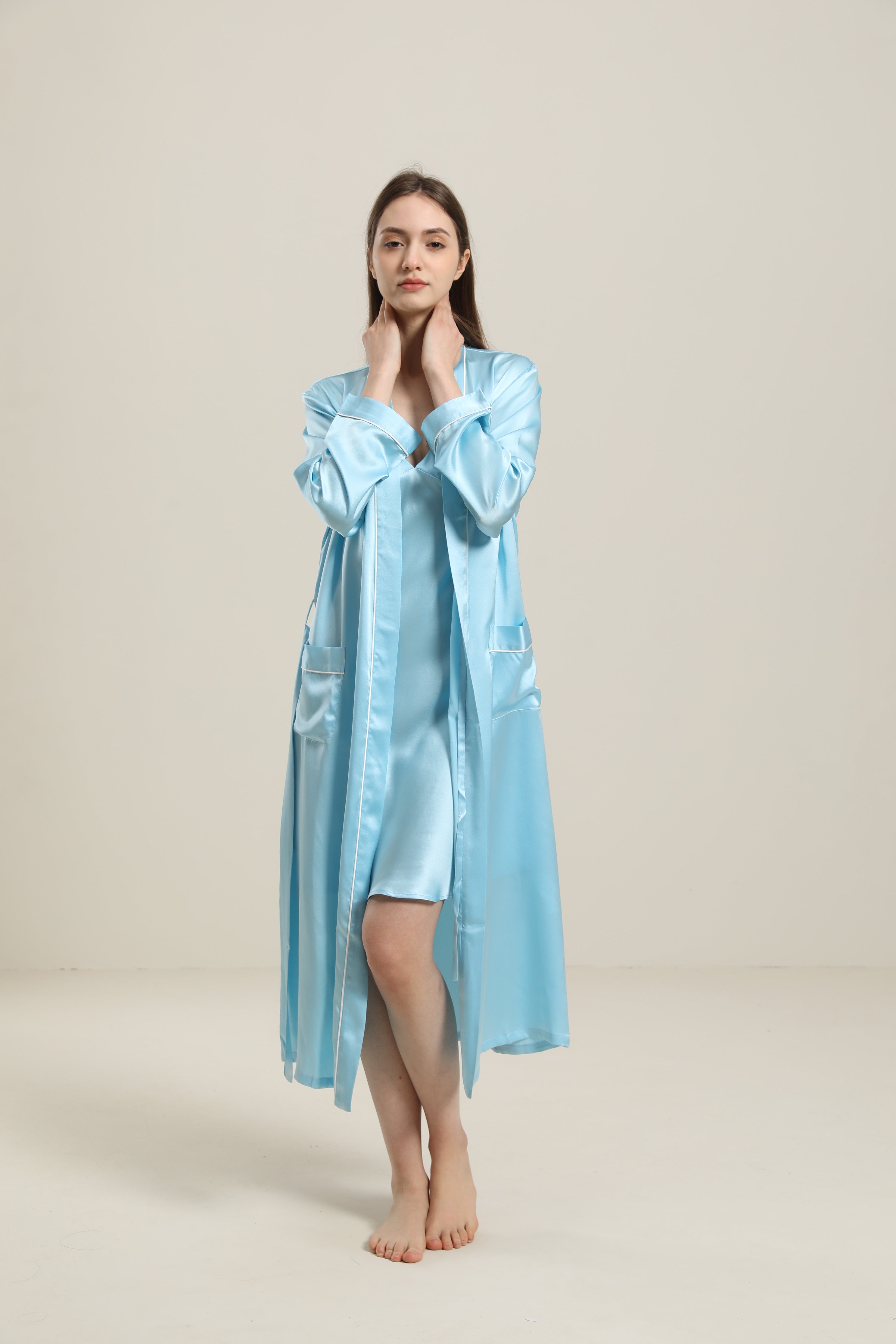 Washable Pure Color Silk Robe For Women Sky Blue