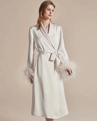 Washable Silk Robe with Feather Sleeve