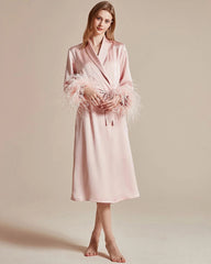 Washable Silk Robe with Feather Sleeve