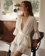 Washable Silk Robe with Lace and Ruffles